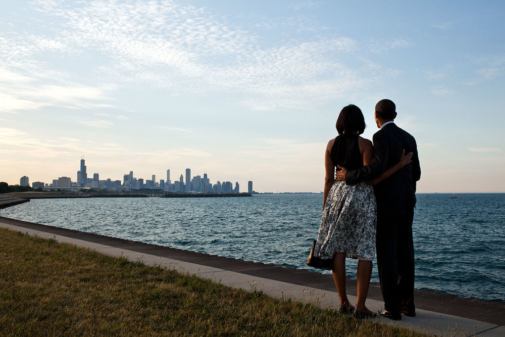   President Barack Obama and First Lady Michelle Obama look out at the Chicago, Illinois, skyline, June 15, 2012.  