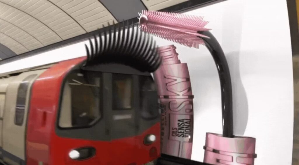 Maybelline New York put out a video showing giant eyelashes fixed to an underground train in their faux out-of-home advertising campaign